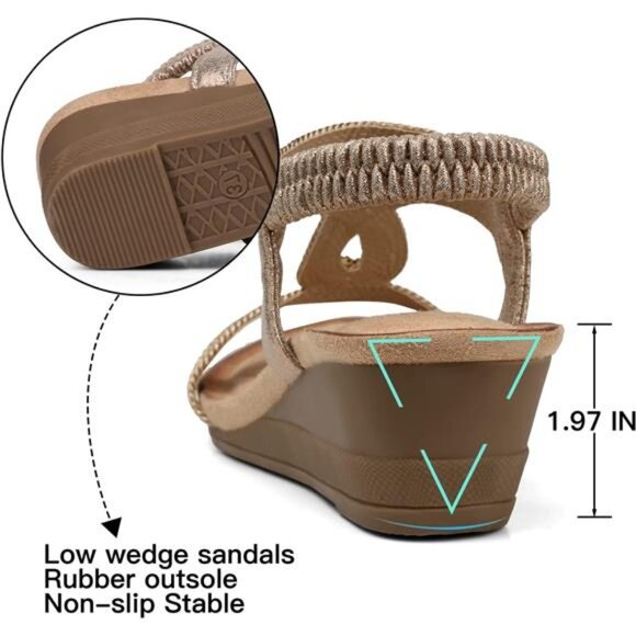 Womens Wedge Sandals Flower Low Heel Dressy Sandals (Elastic Ankle) - Picture 6 of 7